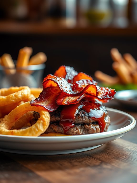 bacon burger with onion rings