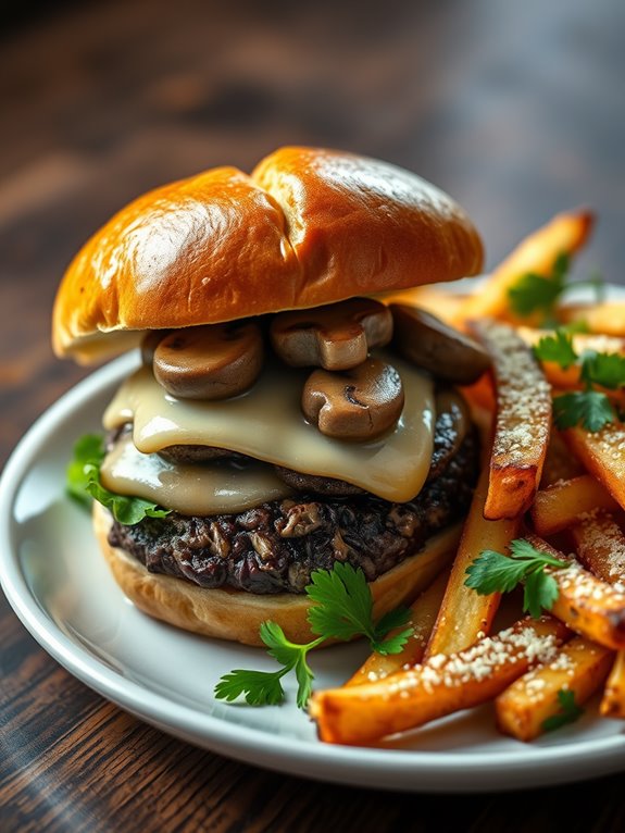 mushroom burger with fries