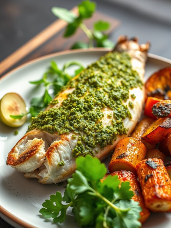 pesto topped baked trout