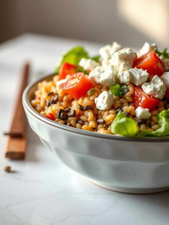 quinoa filled mediterranean burrito bowl