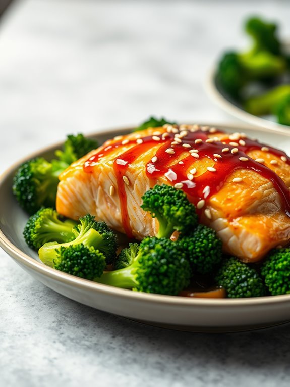 salmon glazed with broccoli