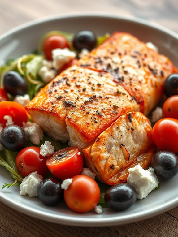 salmon with olives and feta