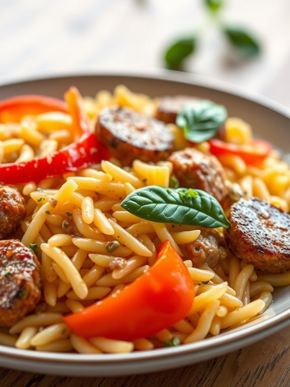 sausage peppers orzo dish