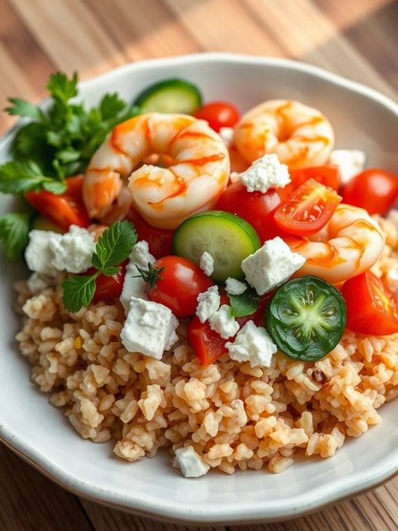 shrimp feta rice bowl