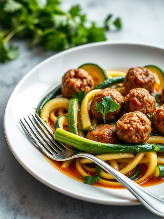 skillet cooked meatballs and zucchini