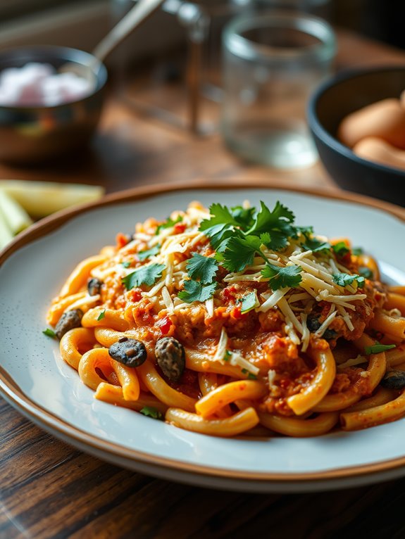 spicy pasta with enchiladas