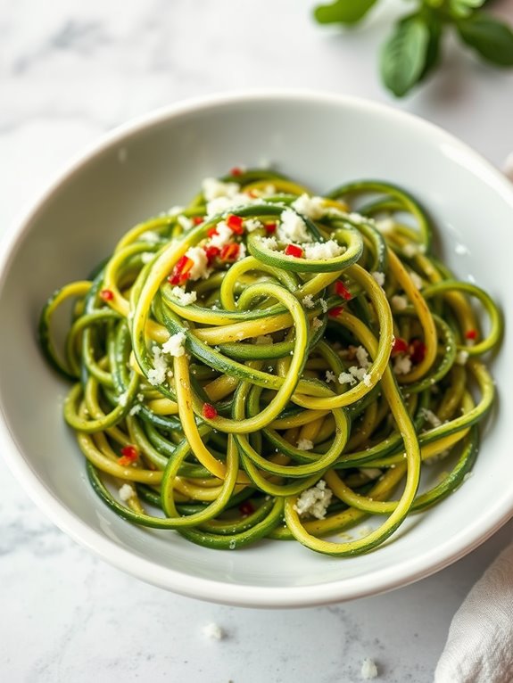 zucchini noodles topped with pesto