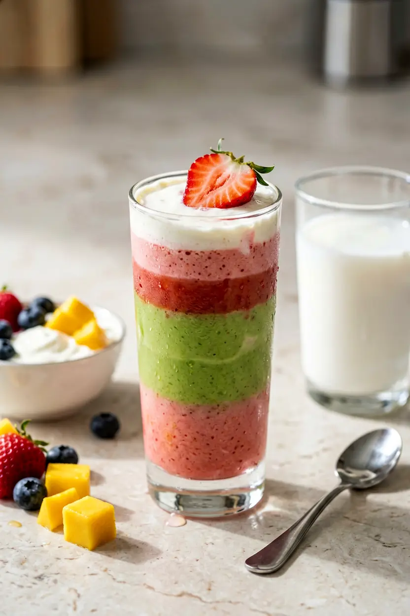 layered strawberry mango smoothie